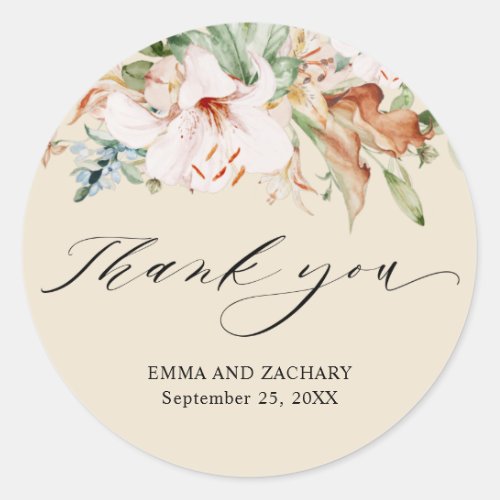 Beige and Earthy Blooms Wedding Thank You Favor Classic Round Sticker