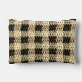 Beige And Ecru Shades Plaid Artisan Crochet Print  Accessory Pouch