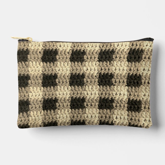 Beige And Ecru Shades Plaid Artisan Crochet Print  Accessory Pouch (Front)