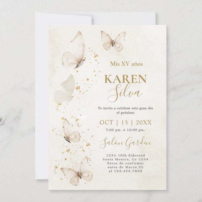Beige and Gold Butterflies Quinceañera Invitation (Front)