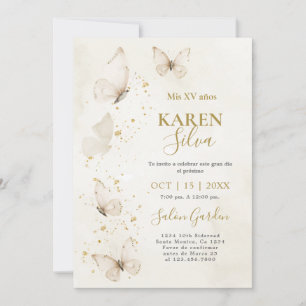 Beige and Gold Butterflies Quinceañera Invitation