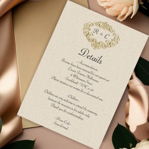 Beige and Gold Elegance Monogrammed Crest Wedding  Enclosure Card