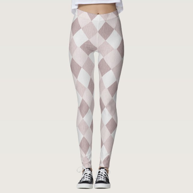 Beige and Gray Geometric Patchwork Pattern Oblique Leggings (Front)