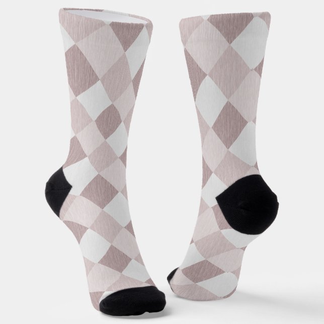 Beige and Gray Geometric Patchwork Pattern Oblique Socks (Angled)