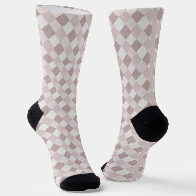 Beige and Gray Geometric Patchwork Pattern Oblique Socks (Angled)
