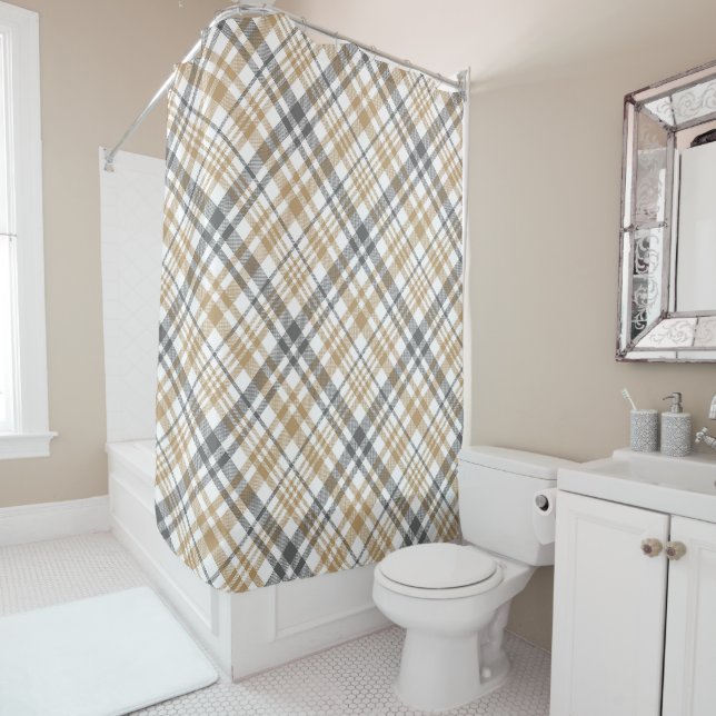 Beige And Gray Plaid Shower Curtain (In Situ)