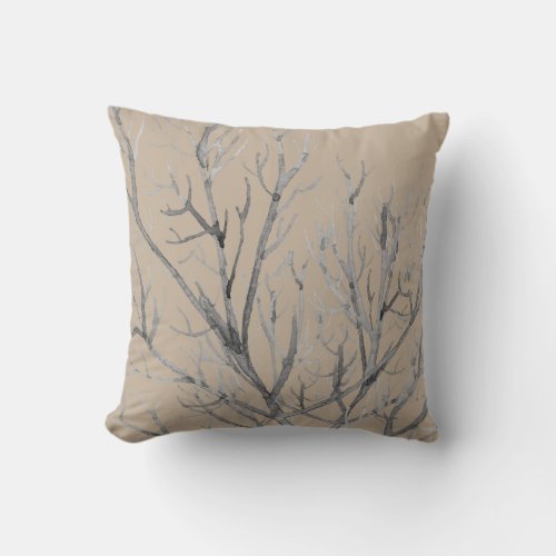 Beige and Gray Watercolor Branches Throw Pillow