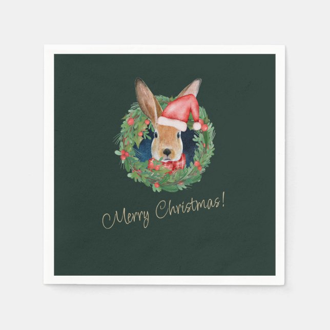 Beige and Green Christmas Greeting Napkins  (Front)