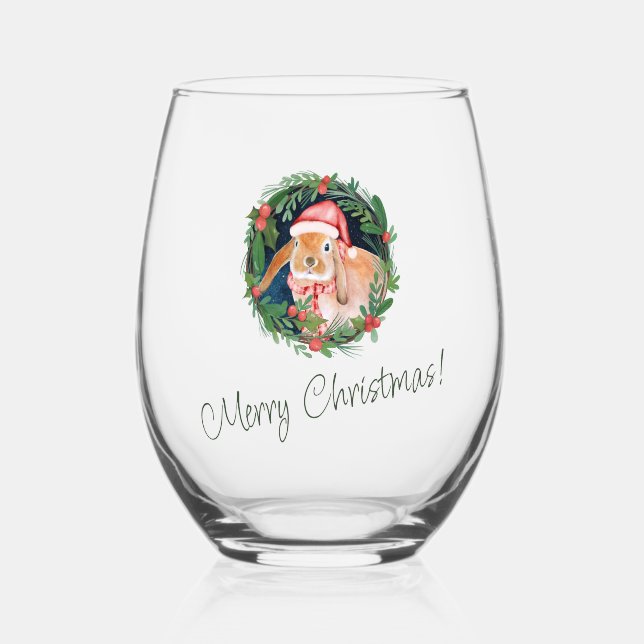 Beige and Green Christmas Greeting  Stemless Wine Glass (Front)