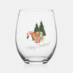 Beige and Green Christmas Greeting  Stemless Wine Glass