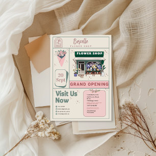 Beige and Green Elegant Flower Shop Opening Card