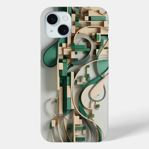 Beige and green shapes and lines iPhone 15 plus case