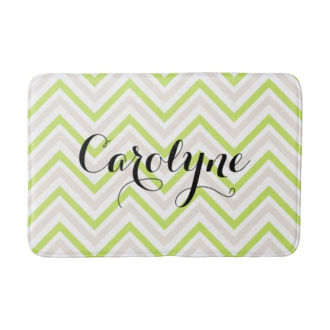 Beige and Green Thin Chevron Pattern Personalized Bathroom Mat (Front)