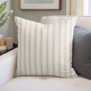 Beige and Ivory Ticking Stripes Farmhouse Throw Pillow