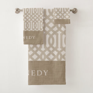 Beige and Ivory Trellis Monogram Farmhouse Bath Towel Set