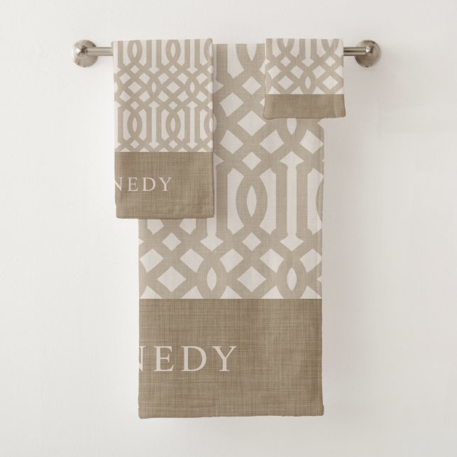 Beige and Ivory Trellis Monogram | Farmhouse Bath Towel Set (Insitu)