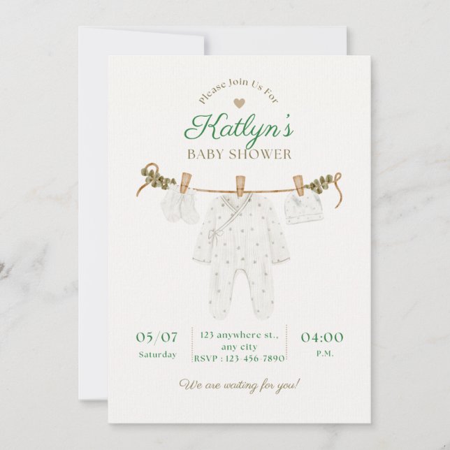 Beige and Light Green Baby Shower Invitation  (Front)