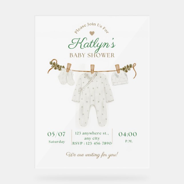Beige and Light Green Baby Shower Invitation   Acrylic Sign (Front)