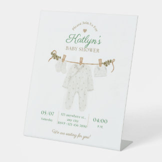 Beige and Light Green Baby Shower Invitation Pedestal Sign
