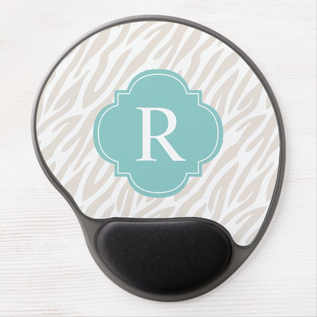 Beige and Mint Zebra Stripes Monogrammed Gel Mouse Pad (Front)
