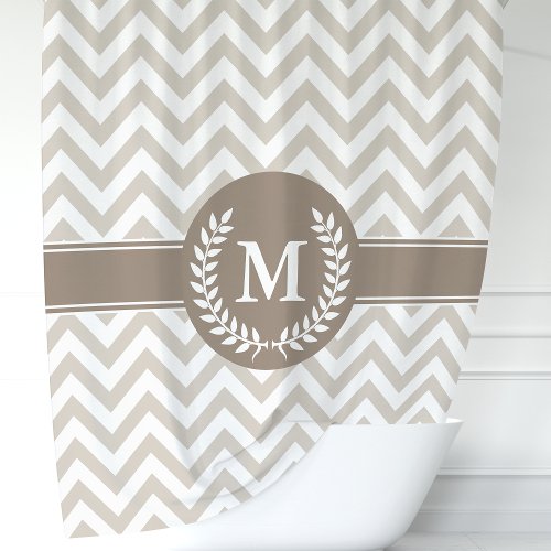 Beige And Mocha Chevron Monogrammed Initial Shower Curtain