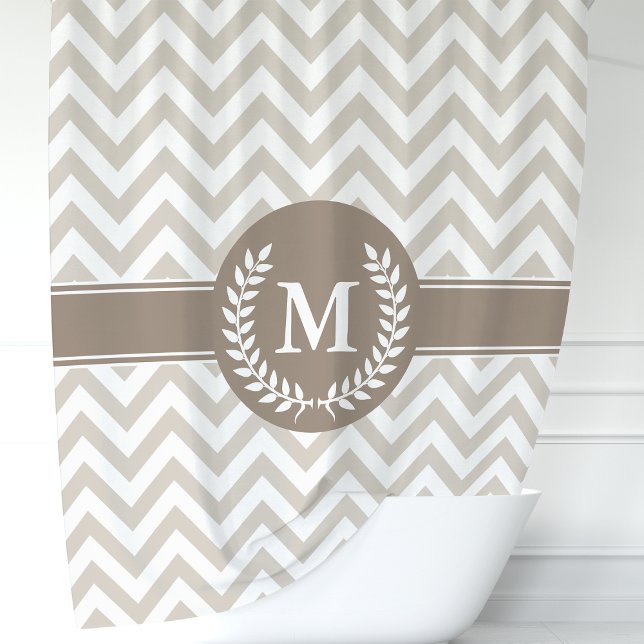 Beige and Mocha Chevron Monogrammed Initial Shower Curtain (Creator Uploaded)