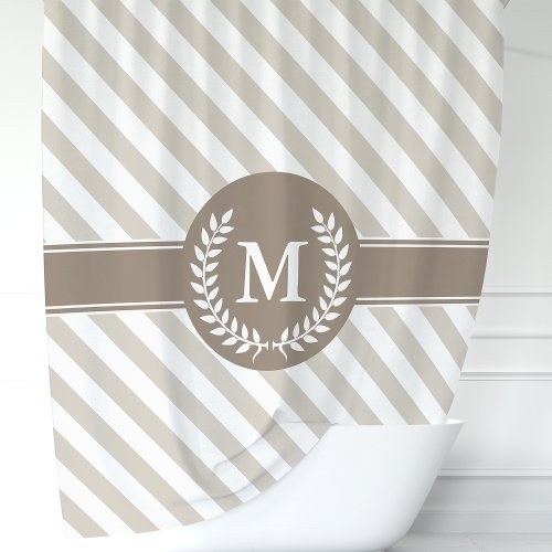 Beige and Mocha Striped Laurel Monogram Shower Curtain