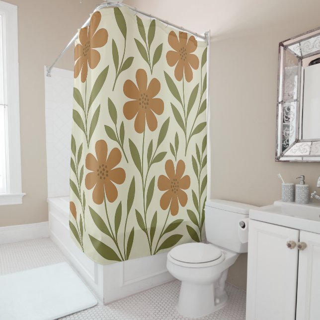 Beige and Orange Floral Shower Curtain (In Situ)