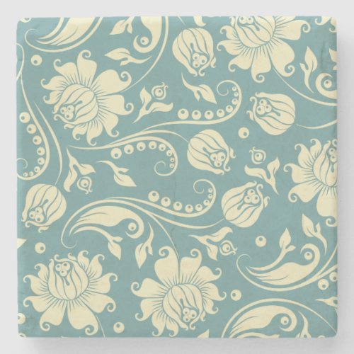 Beige And Pastel Blue Vintage Floral Frame Stone Coaster