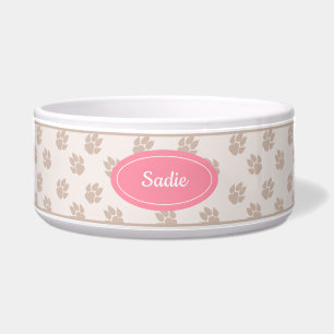 Beige And Pink Dog Paws Pattern With Custom Name Bowl