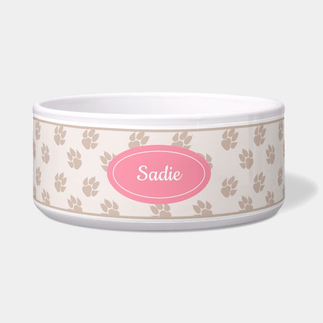 Beige And Pink Dog Paws Pattern With Custom Name Bowl (Front)