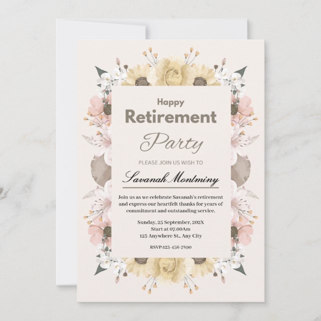 Beige and Pink Floral Photo Retirement Party Invitation (Front)