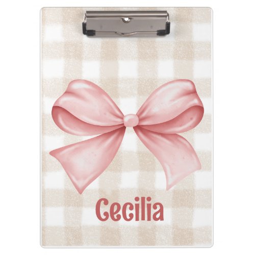 Beige and pink gingham with watercolor bow  clipboard