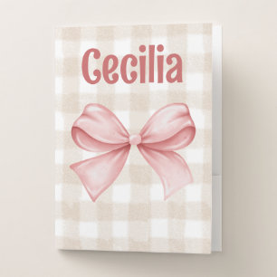 Beige and pink gingham with watercolor bow  pocket folder