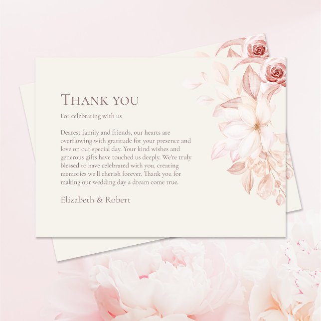 Beige and Pink Roses Wedding Thank You Card (Romantic Beige and Pink Roses Wedding Thank You Card on pastel pink table with pink roses.)