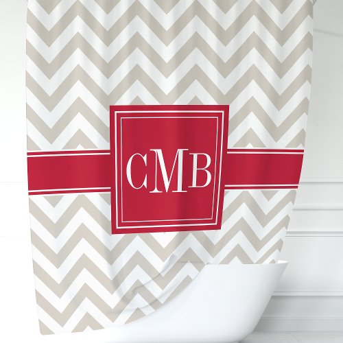 Beige and Red Chevron Monogram Shower Curtain