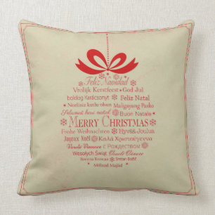 Beige And Red Multilingual Merry Christmas Throw Pillow