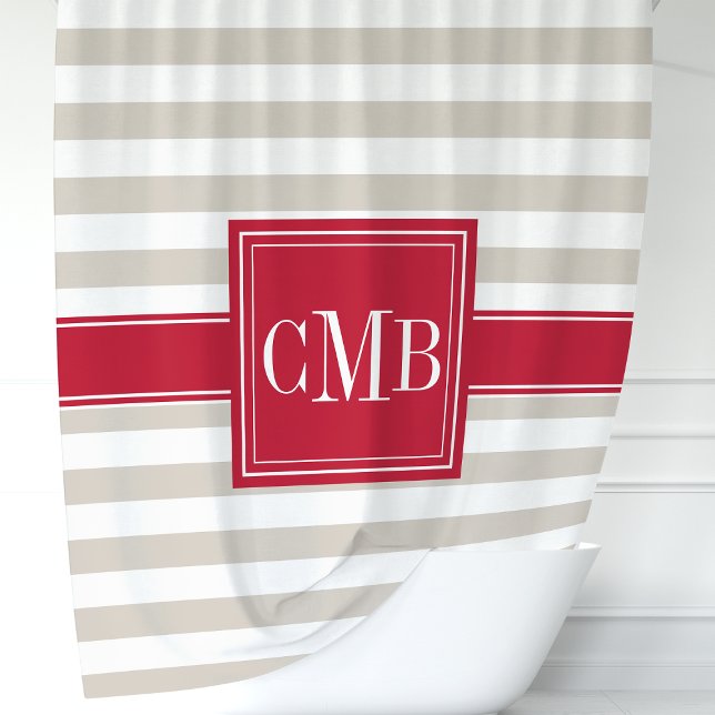 Beige and Red Stripes Monogram Shower Curtain (Creator Uploaded)