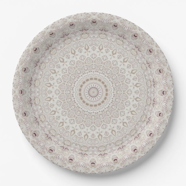 Beige and Taupe Mandala Pattern Design Paper Plates (Front)