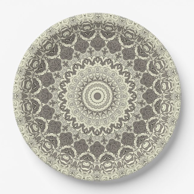 Beige and Taupe Mandala Pattern Design Paper Plates (Front)