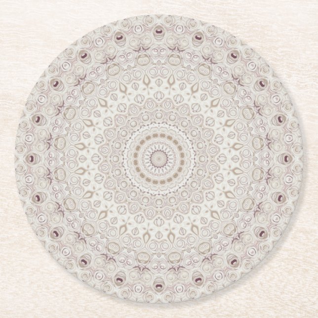Beige and Taupe Mandala Pattern Design Round Paper Coaster (Front)