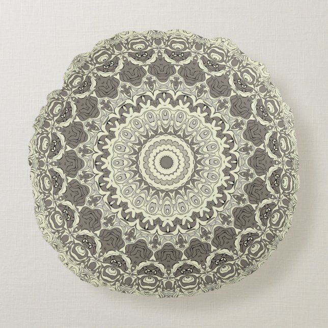 Beige and Taupe Mandala Pattern Design Round Pillow (Front)
