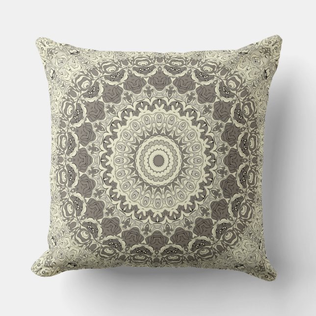 Beige and Taupe Mandala Pattern Design Throw Pillow (Front)