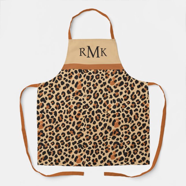 Beige and Terracotta Leopard Print Custom Monogram Apron (Front)