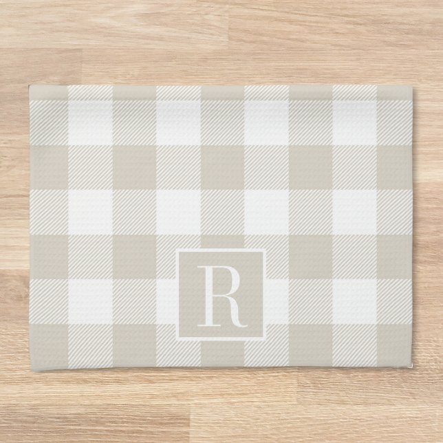 Beige and White Buffalo Check Custom Initial Gift Kitchen Towel (Creator Uploaded)