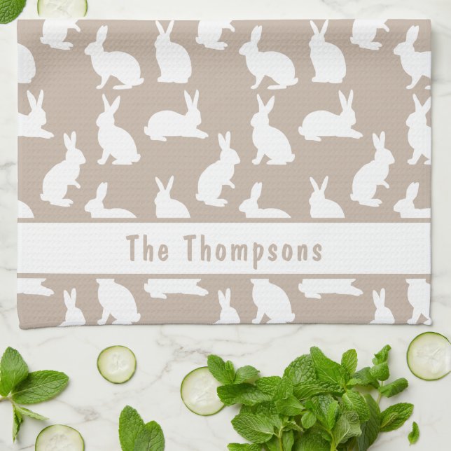 Beige And White Bunny Pattern And Name Easter Kitchen Towel (Folded)
