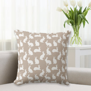 Beige And White Bunny Pattern Cute Neutral Easter Throw Pillow