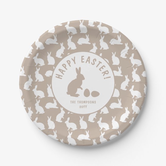Beige And White Bunny Pattern Happy Easter Paper Plates (Front)