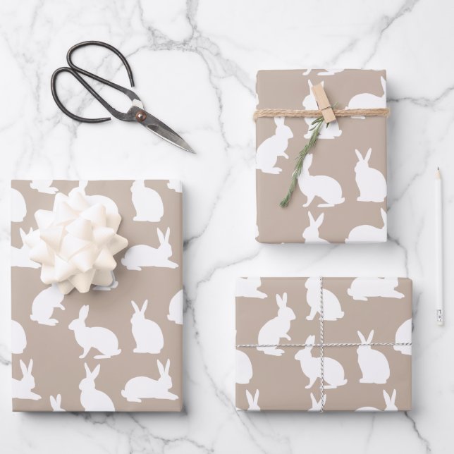 Beige And White Bunny Pattern Modern Easter Wrapping Paper Sheets (Front)