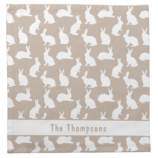 Beige And White Bunny Pattern With Name Easter Cloth Napkin (Front)